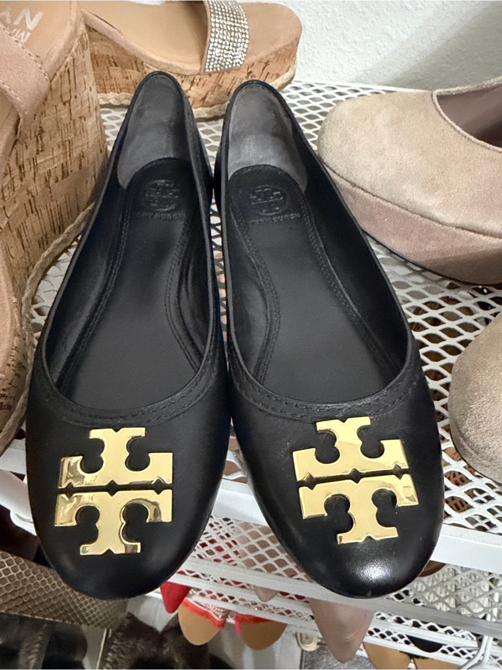 Tory Burch Black Leather Flats with Gold Logo Medallion